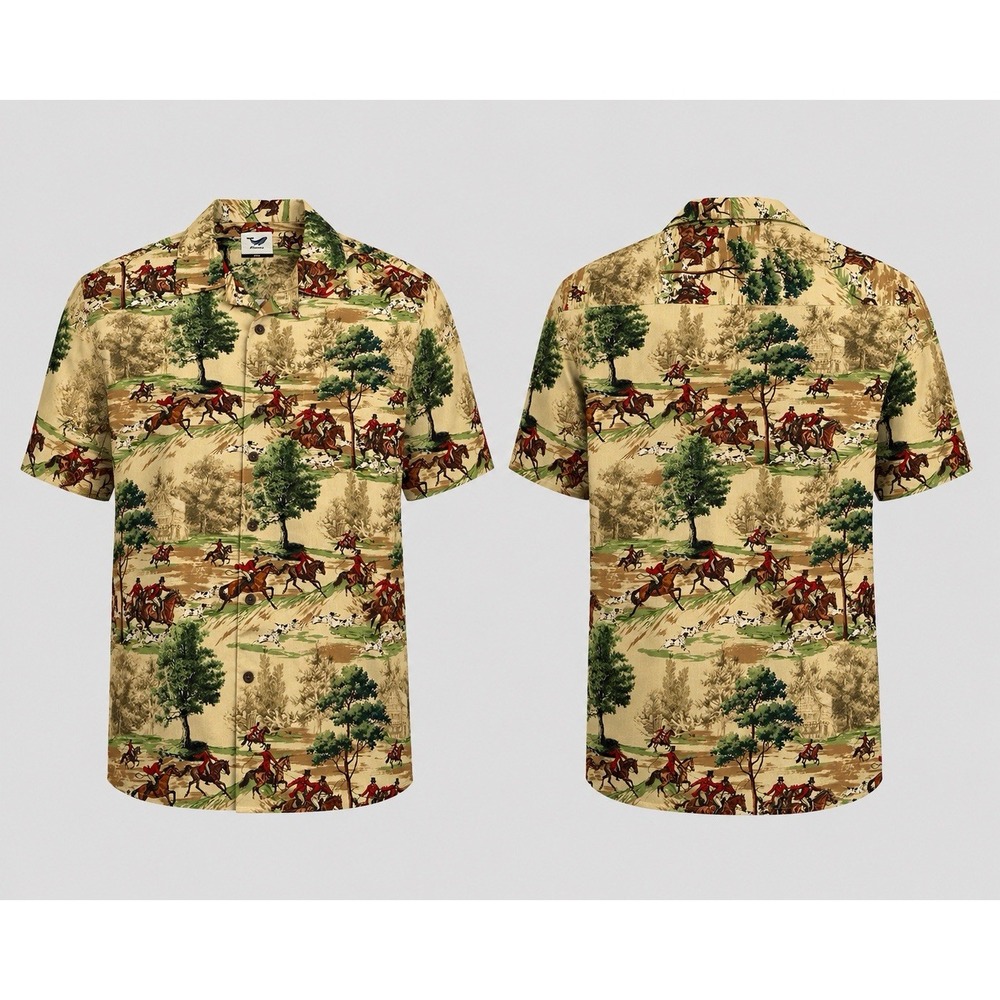 Yiume Hawaiian Bold Equestrian Hunt  Pattern ButtonDown S/S Shirt Men's Size 2XL